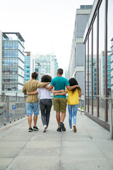 Close friends walking around city together. Rear view of mix raced people walking down urban...