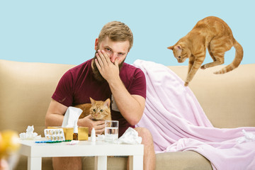 Young man suffering from allergy to cat hair. Having skin rash, itching, Sneezing in the napkin,...
