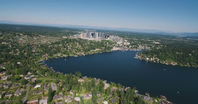 View From Medina to Bellevue WA USA on a Sunny Summer Day Overlooking Meydenbauer Bay on Lake Washington