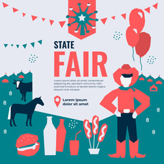 Vector illustration for State Fair with food and drink, amusement park, market, ferris wheel, farmer, farm animals, country fair. Template for banner, poster, flyer, invitation, advertisement, ticket.