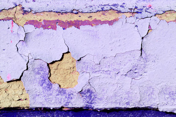 Old purple color wall with cracks close up. Abstract background