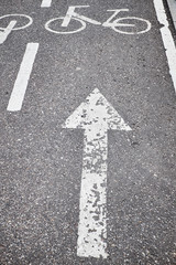 Bicycle road marking white on the pavement. Direction of travel.