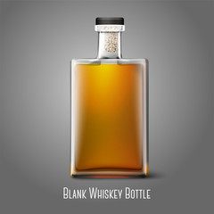 Blank realistic square whiskey bottle isolated on grey background with reflection. Place for your design and branding. Vector