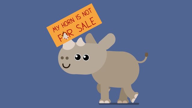 100 baby animals. Walk cycle of a baby rhino protesting with a sign, my horn is not for sale. 2D animation made in 4K, loopable clip with alpha channel. Copy space