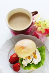 chicken and mustard sauce sandwich with milk tea