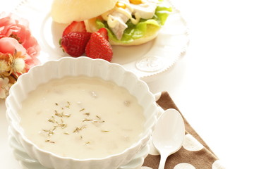 Homemade mushroom soup on white background
