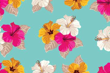 Fototapeta premium Tropical flowers and palm leaves on background. Seamless. Vector pattern.