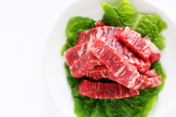 cut beef on lettuce for cooking image