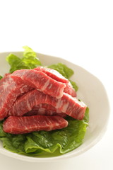 cut beef on lettuce for cooking image