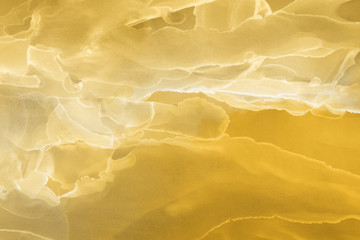 Hand painted gold alcohol ink background. Abstract delicate yellow texture. Contemporary wallpaper. 