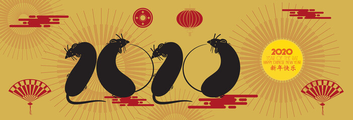 Chinese new year 2020 year of the rat , red and gold paper cut rat character, flower and asian elements with craft style on background. (Chinese translation Happy chinese new year)