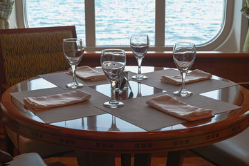 Wine glasses on a table in a restaurant