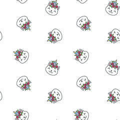 Seamless pattern with kawaii unicorn cat faces on white background. Vector 8 EPS.