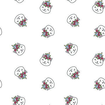Seamless pattern with kawaii unicorn cat faces on white background. Vector 8 EPS.