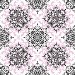 Mandala seamless pattern with floral and geometrical ornament. Arabic, Islamic, indian, japanese motifs in a retro style.