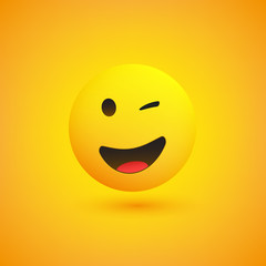 Smiling and Winking Emoji - Simple Shiny Happy Emoticon on Yellow Background - Vector Design