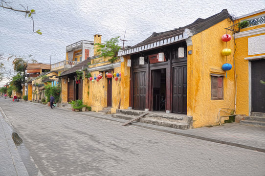 Background of beautiful oil painting of Hoi an the world heritage site of Vientam