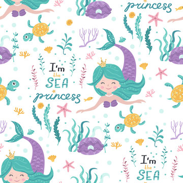Seamless pattern with cute mermaids, seaweed