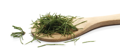 Dry, chopped horsetail fern, (Equisetum arvense) with wooden spoon, isolated on white background