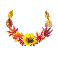 Watercolor autumn wreath with sunflower and leaves isolated on white Arrangement for greeting cards, wedding invitations