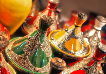 Group of the Moroccan cooking pot the tajine or tagine at local souq bazaar market