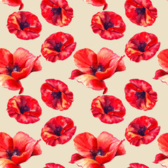 Red poppies on a beige background. Floral seamless pattern with big bright flowers.Summer watercolour illustration for print textile,fabric,wrapping paper.