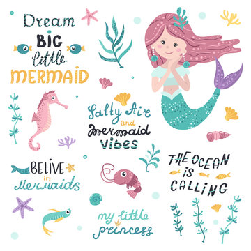 Set of mermaid, sea animals and lettering