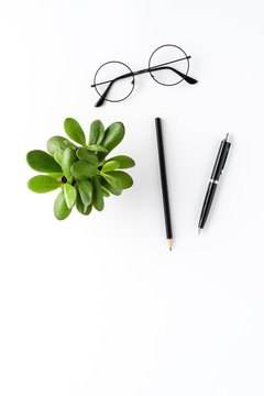 Business background with pens, eyeglasses and succulent. Office desktop