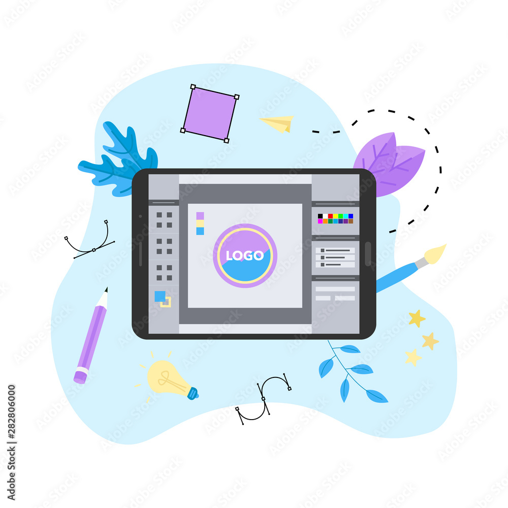Poster flat vector graphic design concept with designer with an open design application with a creative pro