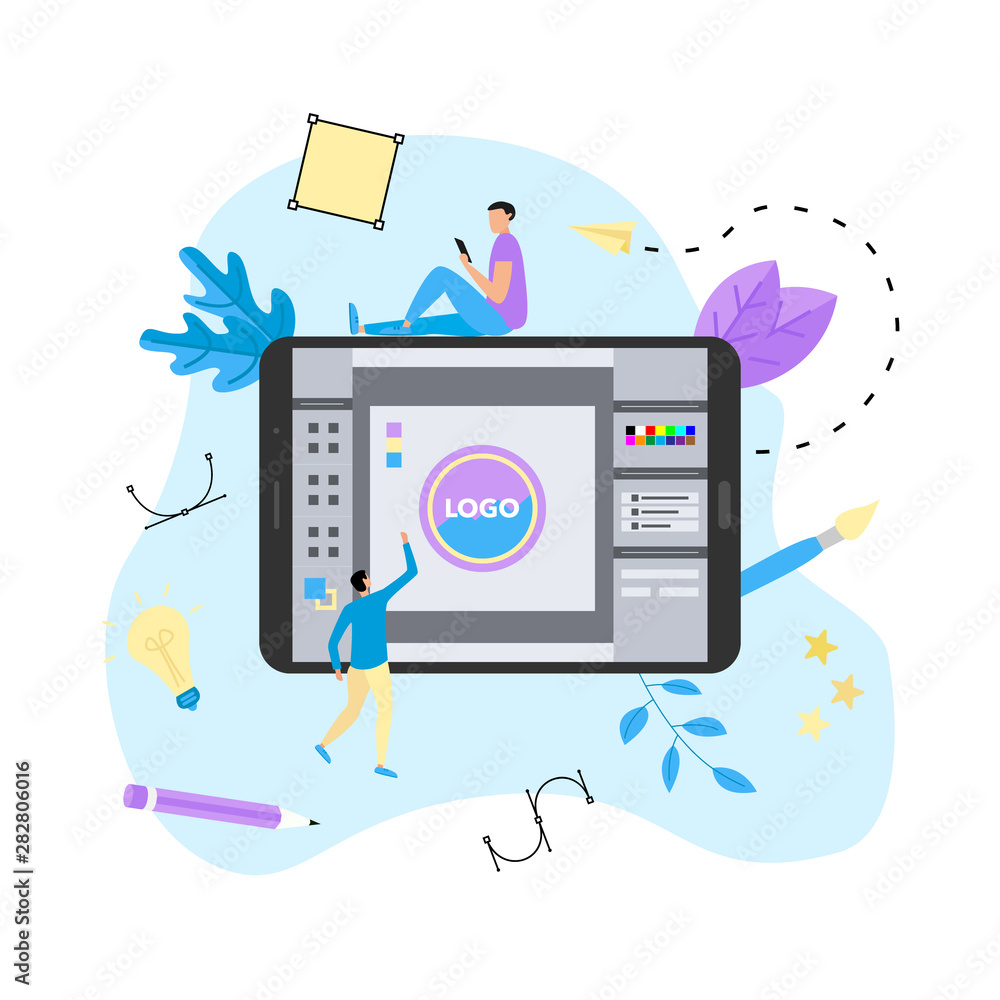 Poster flat vector graphic design concept with designer with an open design application with a creative pro