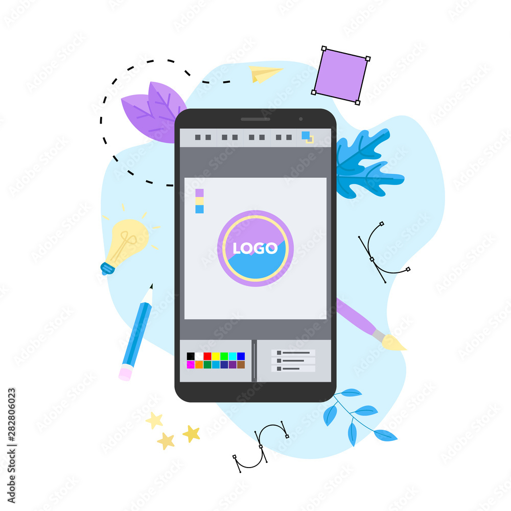 Poster flat vector graphic design concept with designer with an open design application with a creative pro