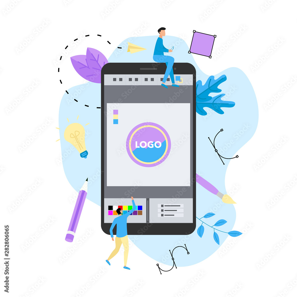 Poster flat vector graphic design concept with designer with an open design application with a creative pro