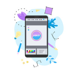 Flat vector graphic design concept with designer with an open design application with a creative project	