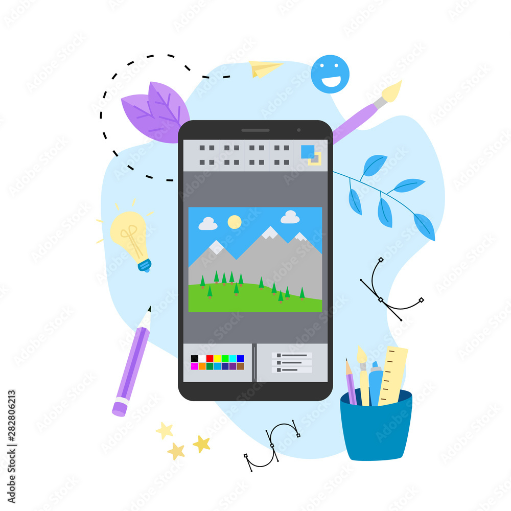 Poster flat vector graphic drawing concept with open illustration application with a creative project