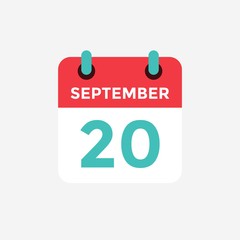 Flat icon calendar, 20 September. Date, day and month. Vector illustration.