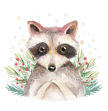 Watercolor cute baby raccoon cartoon animal portrait design. Winter holiday card on white background. New year decoration, merry christmas element