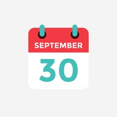 Flat icon calendar, 30 September. Date, day and month. Vector illustration.