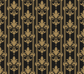 Black background with seamless pattern: golden vintage elements with stripes, vector image