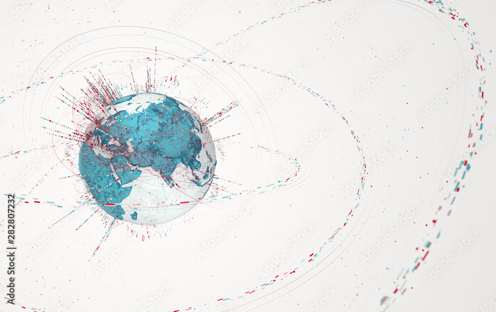 Poster 3d data globe - abstract illustration of a scientific technology data network surrounding planet earth conveying connectivity, complexity and data flood of modern digital age