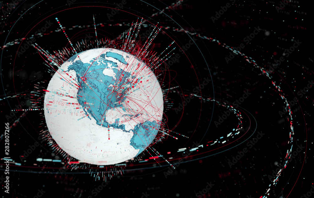 Fototapete 3d data globe - abstract illustration of a scientific technology data network surrounding planet earth conveying connectivity, complexity and data flood of modern digital age