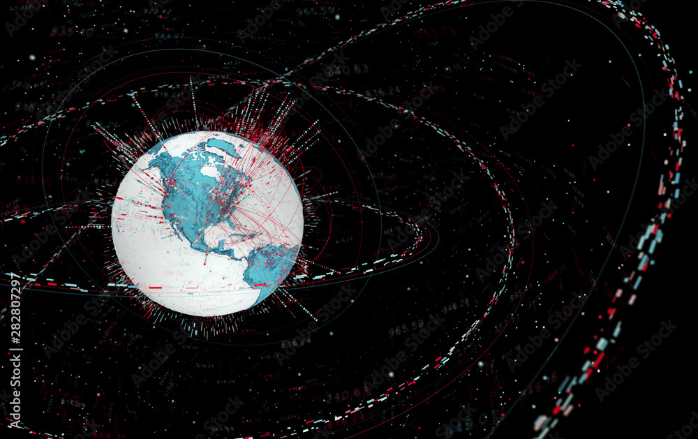 Poster 3d data globe - abstract illustration of a scientific technology data network surrounding planet earth conveying connectivity, complexity and data flood of modern digital age