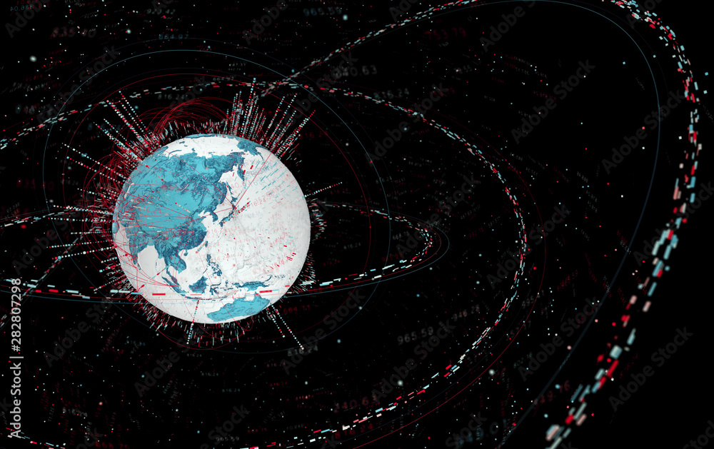 Poster 3d data globe - abstract illustration of a scientific technology data network surrounding planet earth conveying connectivity, complexity and data flood of modern digital age