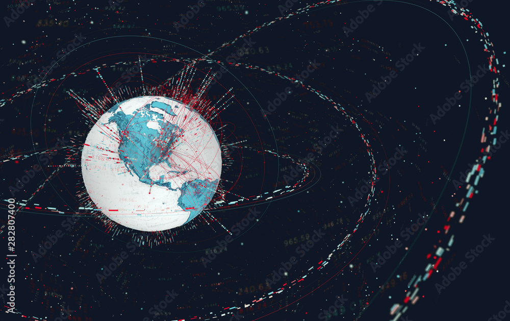 Aufkleber 3d data globe - abstract illustration of a scientific technology data network surrounding planet earth conveying connectivity, complexity and data flood of modern digital age