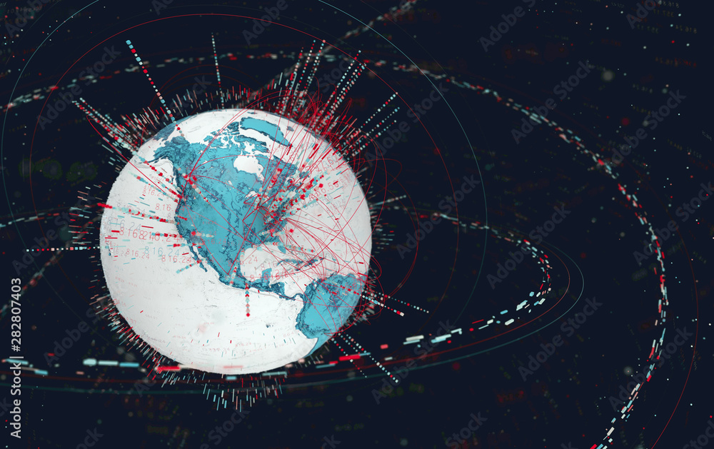 Leinwandbilder 3d data globe - abstract illustration of a scientific technology data network surrounding planet earth conveying connectivity, complexity and data flood of modern digital age