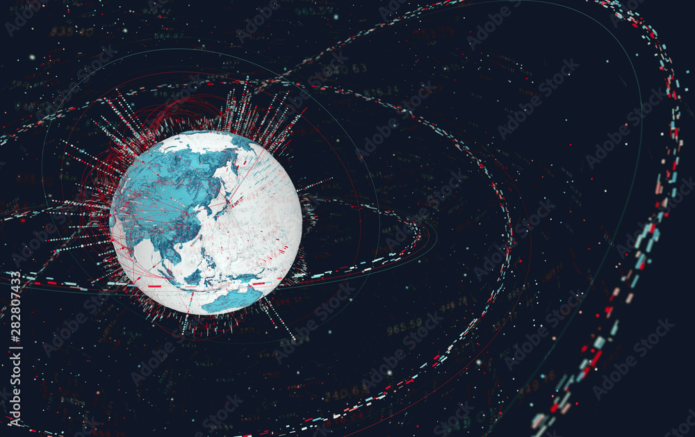 Leinwandbilder 3d data globe - abstract illustration of a scientific technology data network surrounding planet earth conveying connectivity, complexity and data flood of modern digital age