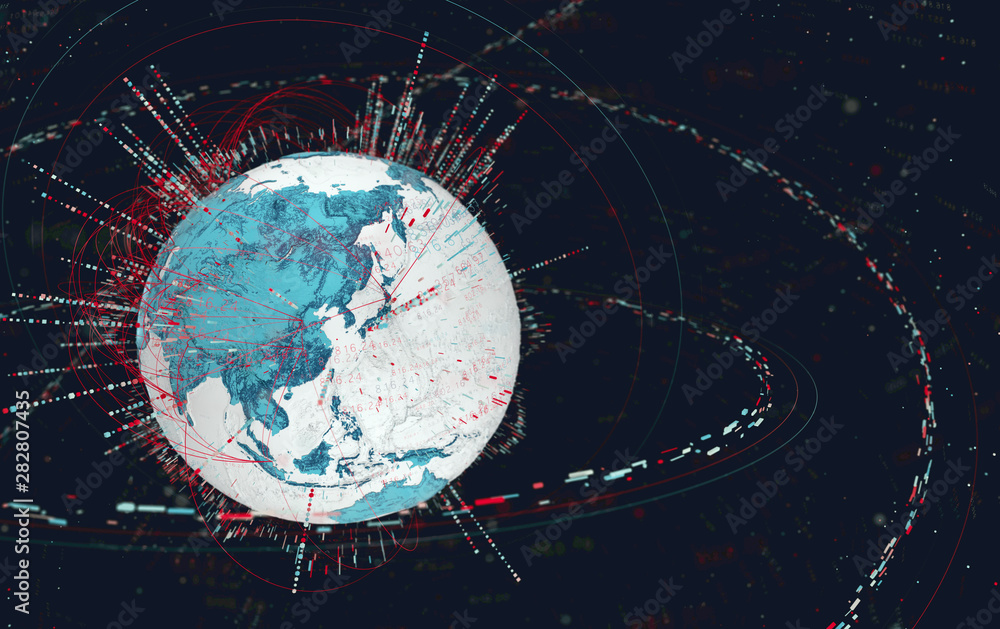 Fototapete 3d data globe - abstract illustration of a scientific technology data network surrounding planet earth conveying connectivity, complexity and data flood of modern digital age