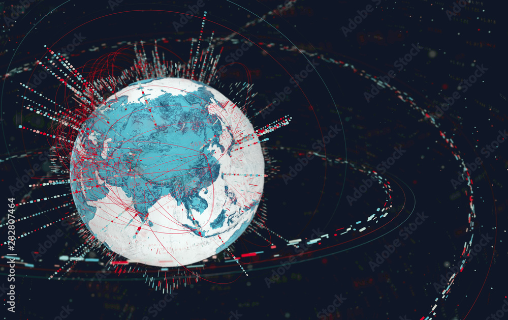 Poster 3d data globe - abstract illustration of a scientific technology data network surrounding planet earth conveying connectivity, complexity and data flood of modern digital age