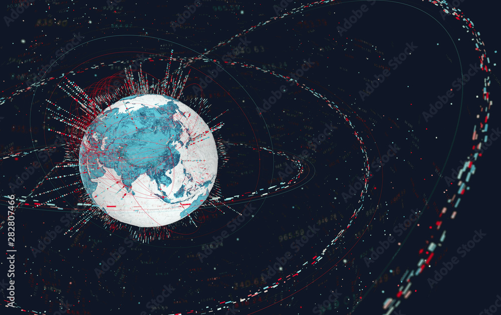 Poster 3d data globe - abstract illustration of a scientific technology data network surrounding planet earth conveying connectivity, complexity and data flood of modern digital age