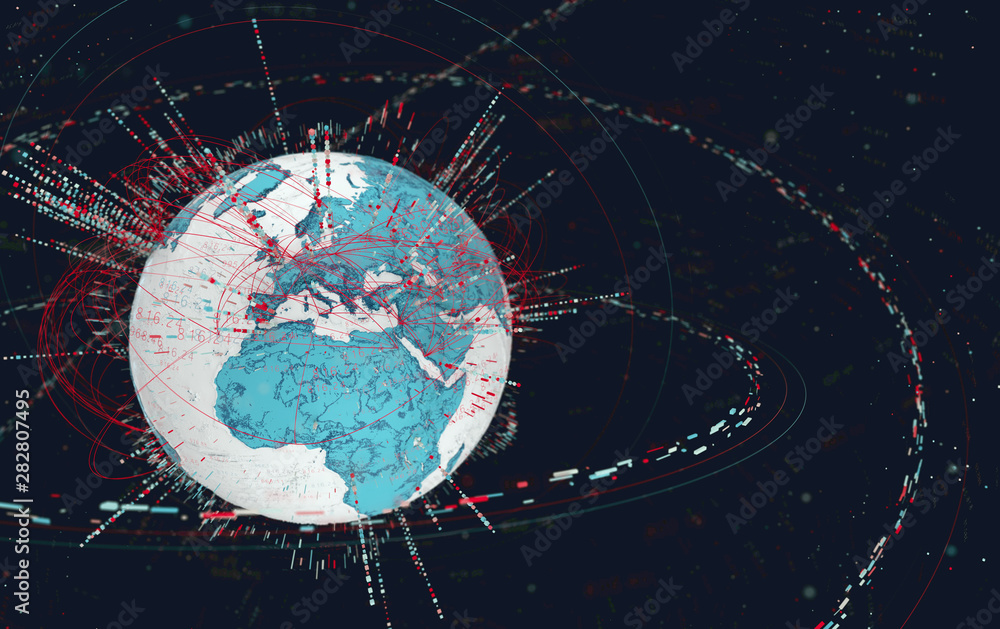 Poster 3d data globe - abstract illustration of a scientific technology data network surrounding planet ear