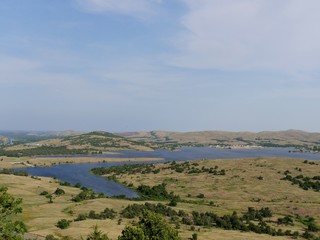  Wide shot of Lake Lawtonka viewed from peak of Mt. Scott, Oklahoma, USA.